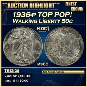 1936-p Walking Liberty Half Dollar TOP POP! 50c ms68 SEGS