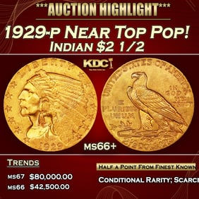 1929-p Gold Indian Quarter Eagle Near Top Pop! $2 1/2 ms66+ USCG
