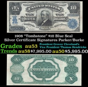 1908 $10 Blue Seal Silver Certificate "Tombstone" Grades Select AU Signatures Parker/Burke
