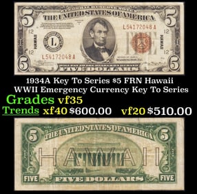1934A $5 FRN Hawaii WWII Emergency Currency Key To Series Key To Series Grades vf++