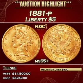 1881-p Gold Liberty Half Eagle $5 ms65+ SEGS