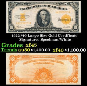1922 $10 Large Size Gold Certificate Grades xf+ Signatures Speelman/White