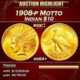 1908-p Motto Gold Indian Eagle $10 ms64+ SEGS