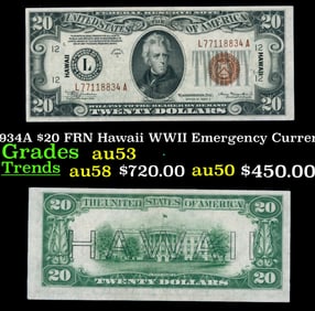 1934A $20 FRN Hawaii WWII Emergency Currency Grades Select AU
