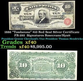 1886 $10 Red Seal Silver Certificate "Tombstone" FR-292  Grades xf Signatures Rosecrans/Hyatt
