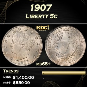 1907 Liberty Nickel 5c ms65+ SEGS