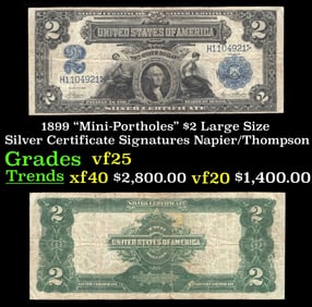 1899 $2 Large Size Silver Certificate "Mini-Portholes" Grades vf+ Signatures Napier/Thompson