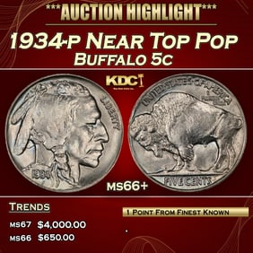 1934-p Buffalo Nickel Near Top Pop 5c ms66+ SEGS