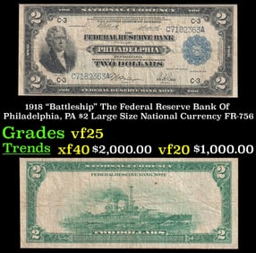 1918 $2 Large Size National Currency "Battleship" The Federal Reserve Bank Of Philadelphia, PA