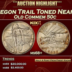 1937-d Oregon Trail Old Commem Half Dollar Toned Near Top Pop 50c ms68+ SEGS