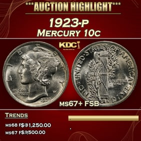 1923-p Mercury Dime 10c ms67+ FSB SEGS