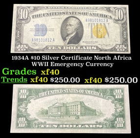 1934A $10 Silver Certificate North Africa WWII Emergency Currency Grades xf