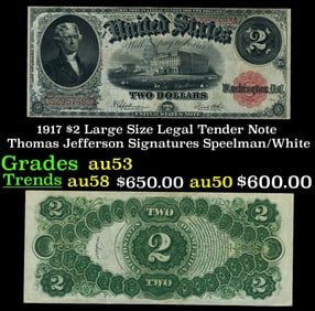 1917 $2 Large Size Legal Tender Note Thomas Jefferson Grades Select AU Signatures Speelman/White