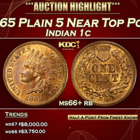 1865 Plain 5 Indian Cent Near Top Pop 1c ms66+ rb SEGS