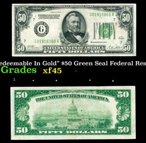 1928 $50 Green Seal Federal Reserve Note "Redeemable In Gold" Grades xf+