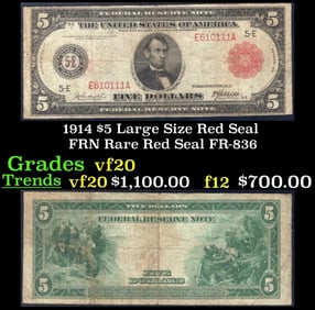 1914 $5 Large Size Red Seal FRN Rare Red Seal Grades vf, very fine FR-836