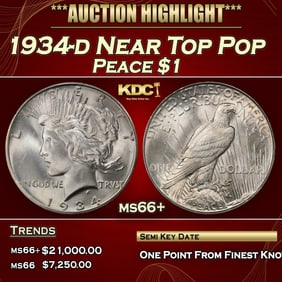 1934-d Peace Dollar Near Top Pop $1 ms66+ SEGS