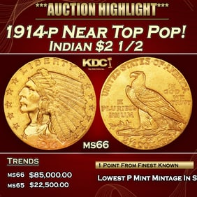 1914-p Gold Indian Quarter Eagle Near Top Pop! $2 1/2 ms66 USCG