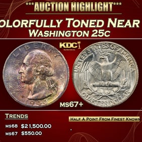 1943-s Washington Quarter Colorfully Toned Near Top Pop 25c ms67+ SEGS