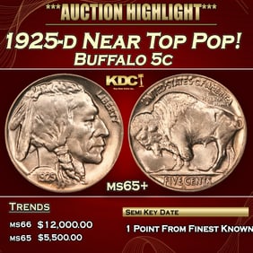 1925-d Buffalo Nickel Near Top Pop! 5c ms65+ SEGS