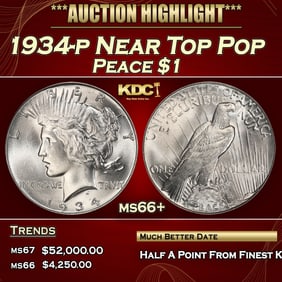 1934-p Peace Dollar Near Top Pop $1 ms66+ SEGS