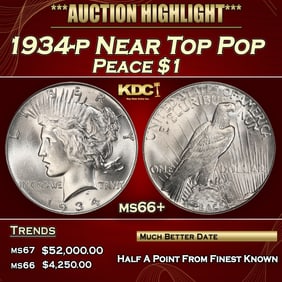 1934-p Peace Dollar Near Top Pop $1 ms66+ SEGS