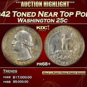 1942 Proof Washington Quarter Toned Near Top Pop! 25c pr68+ SEGS