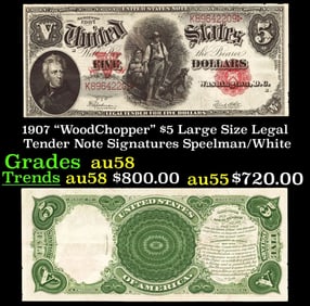 1907 $5 Large Size Legal Tender Note "WoodChopper" Grades Choice AU/BU Slider Signatures