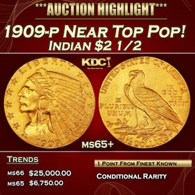 1909-p Gold Indian Quarter Eagle Near Top Pop! $2 1/2 ms65+ SEGS