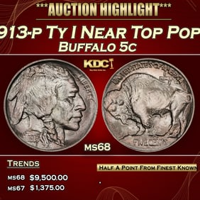 1913-p Ty I Buffalo Nickel Near Top Pop! 5c ms68 SEGS