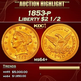1853-p Gold Liberty Quarter Eagle $2 1/2 ms64+ SEGS