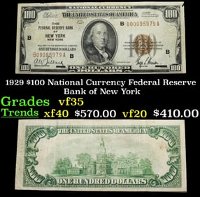 1929 $100 National Currency Federal Reserve Bank of New York Grades vf++
