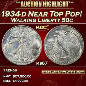 1934-d Walking Liberty Half Dollar Near Top Pop! 50c ms67 SEGS
