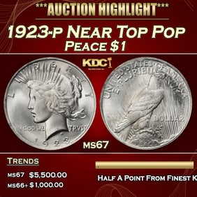 1923-p Peace Dollar Near Top Pop $1 ms67 SEGS