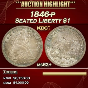 1846-p Seated Liberty Dollar $1 ms62+ USCG