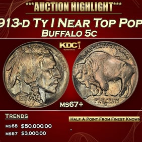 1913-d Ty I Buffalo Nickel Near Top Pop! 5c ms67+ SEGS