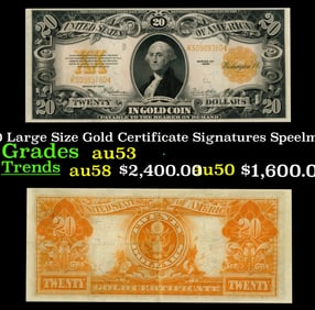 1922 $20 Large Size Gold Certificate Grades Select AU Signatures Speelman/White