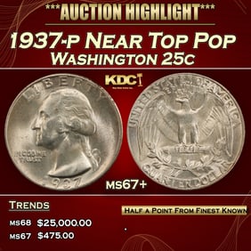 1937-p Washington Quarter Near Top Pop 25c ms67+ SEGS