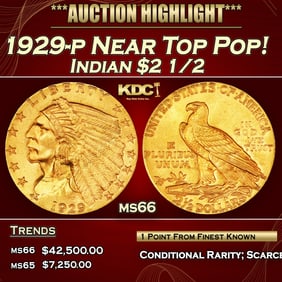 1929-p Gold Indian Quarter Eagle Near Top Pop! $2 1/2 ms66 SEGS