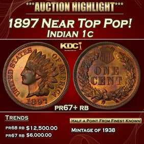 1897 Proof Indian Cent Near Top Pop! 1c pr67+ rb SEGS