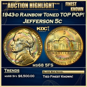 1943-d Jefferson Nickel Rainbow Toned TOP POP! 5c ms68 5FS SEGS