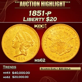 1851-p Gold Liberty Double Eagle $20 ms62 USCG