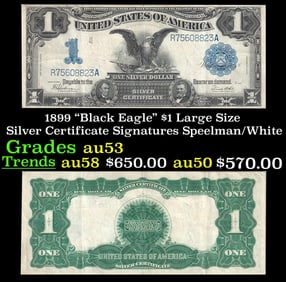 1899 $1 large size Silver Certificate "Black Eagle" Grades Select AU Signatures Speelman/White