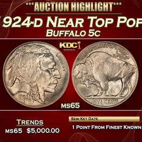 1924-d Buffalo Nickel Near Top Pop! 5c ms65 SEGS