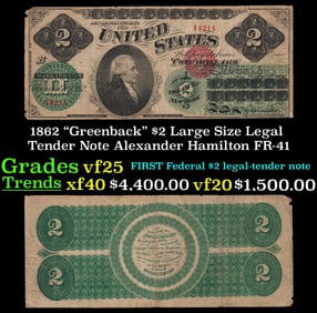 1862 $2 Large Size Legal Tender Note "Greenback" Alexander Hamilton Grades vf+ FR-41