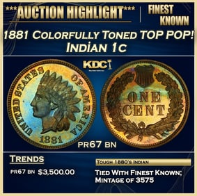 1881 Proof Indian Cent Colorfully Toned TOP POP! 1c pr67 bn SEGS
