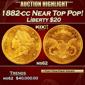 1882-cc Gold Liberty Double Eagle Near Top Pop! $20 ms62 USCG