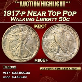 1917-p Walking Liberty Half Dollar Near Top Pop 50c ms66+ SEGS