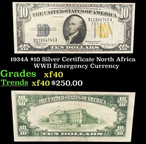 1934A $10 Silver Certificate North Africa WWII Emergency Currency Grades xf