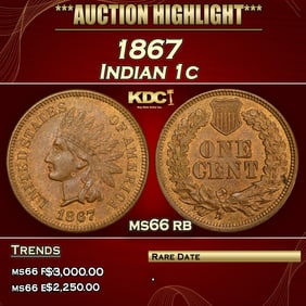 1867 Indian Cent 1c ms66 rb SEGS
